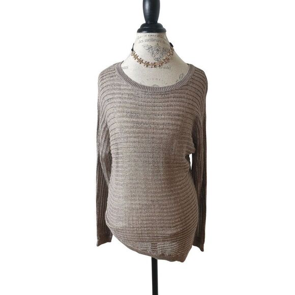 Apt 9 Womens Open-Knit Sweater M Taupe Asymmetrical Metallic Chic Pullover - Picture 1 of 5